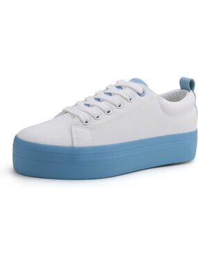 Women's White/Blue Comfortable Casual Walking Shoes Lace Up Platform Sneakers